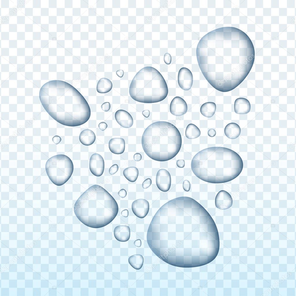 Transparent water drop on light gray background. Vector illustration