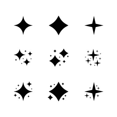 Siyah parıltı sembolleri vektör. Orijinal vektör yıldızlarının kümesi parlayan bir simge. Parlak havai fişek, dekorasyon pırıltısı, parlak ışık. vektör illüstrasyonu.