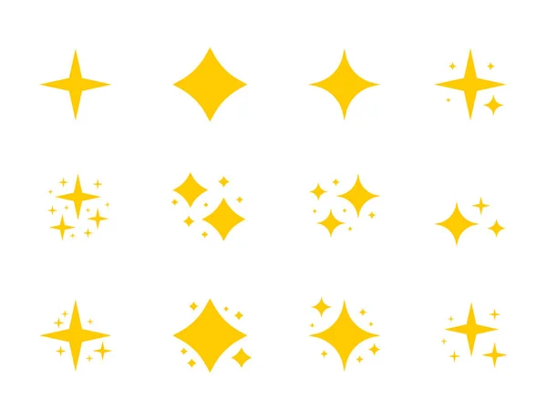 Amarillo chispas símbolos vector. El conjunto de estrellas vectoriales originales brillan icono. Fuegos artificiales brillantes, decoración brillante, destello brillante. ilustración vectorial . — Vector de stock