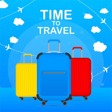 Kırmızı, sarı ve mavi seyahat çantasıyla Turizm Posteri Ön Görüş Zamanı. Vektör stoku İllüstrasyonu