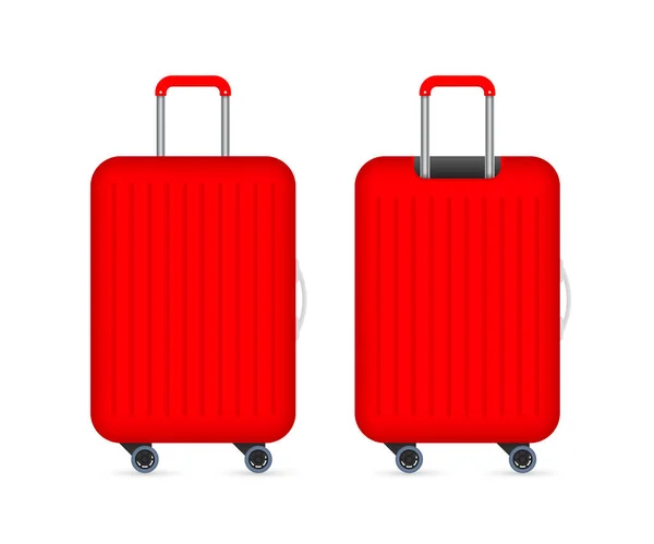 Červený cestovní plastový kufřík s kolečky realistický na bílém pozadí. Obrázek vektorové populace — Stockový vektor
