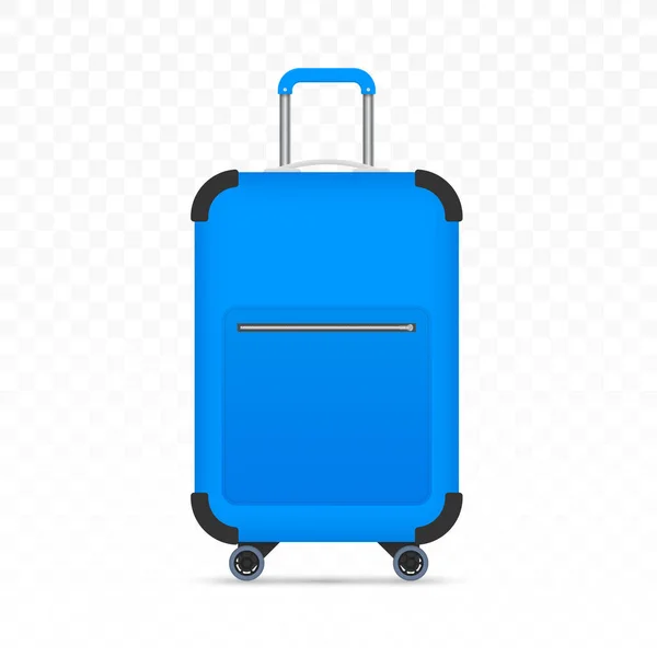 Valise en plastique de voyage bleue avec roues réalistes sur fond blanc. Illustration vectorielle — Image vectorielle