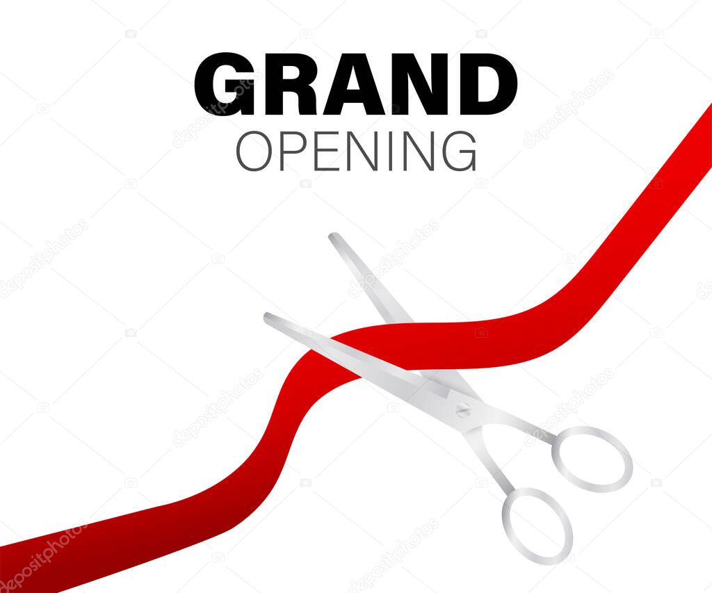 Grand opening card with red ribbon and silver scissors. Vector stock illustration.