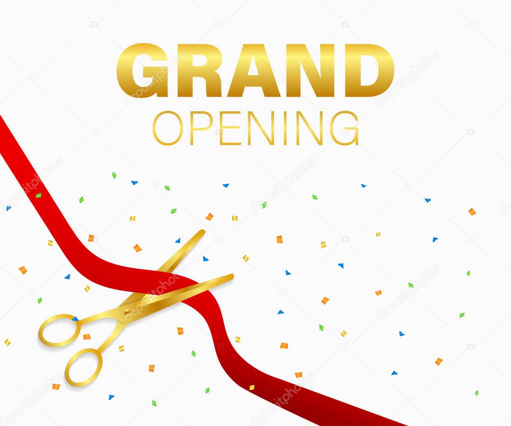 Grand opening card with red ribbon and gold scissors. Vector stock illustration.