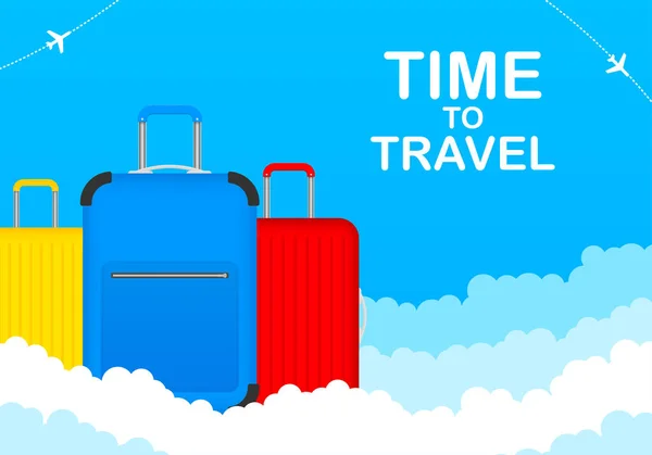 Tijd om te reizen Toerisme Poster Concept Front View met rode, gele en blauwe reistas. Vectorvoorraad Illustratie — Stockvector