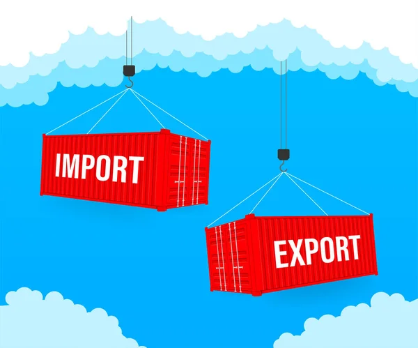 Port jeřáb zvednout dva červené nákladní kontejnery s import a export slova. Obrázek vektorové populace. — Stockový vektor