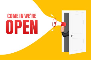 Megafonla el ele tutuşup içeri gelin, açığız. Megafon bayrağı. Web tasarımı. Vektör stok illüstrasyonu.