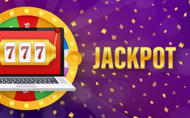 Oyun arkaplan tasarımı için geçmişe dönük pankart. Kazanan bayrak. Şanslı yedili büyük ikramiyesi olan kumar makinesi. Vektör stok illüstrasyonu.