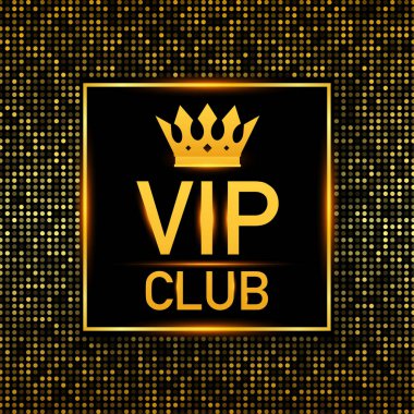 Ayrıcalığın altın sembolü, pırıltılı VIP kulübü. Çok önemli biri. Karanlık arka planda VIP ikonu. Parlak, altın parıltılı bir ayrıcalık işareti. Vektör stok illüstrasyonu.
