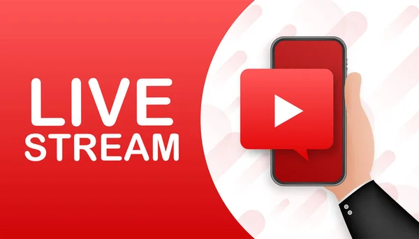 Live stream flat logo - κόκκινο διανυσματικό στοιχείο σχεδιασμού με κουμπί play. Εικονογράφηση διανύσματος — Διανυσματικό Αρχείο