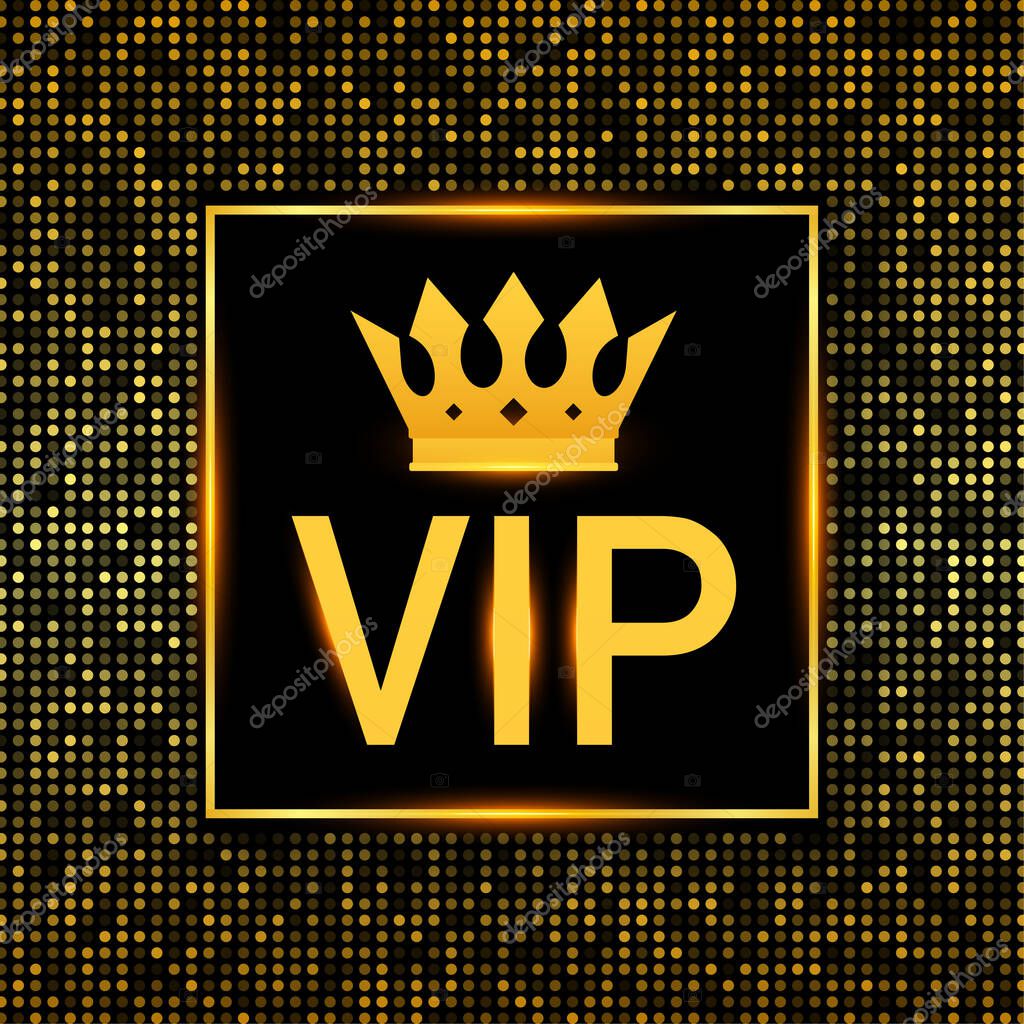 Golden symbol of exclusivity, the label VIP with glitter. Very important person - VIP icon on dark background Sign of exclusivity with bright, Golden glow. Vector stock illustration
