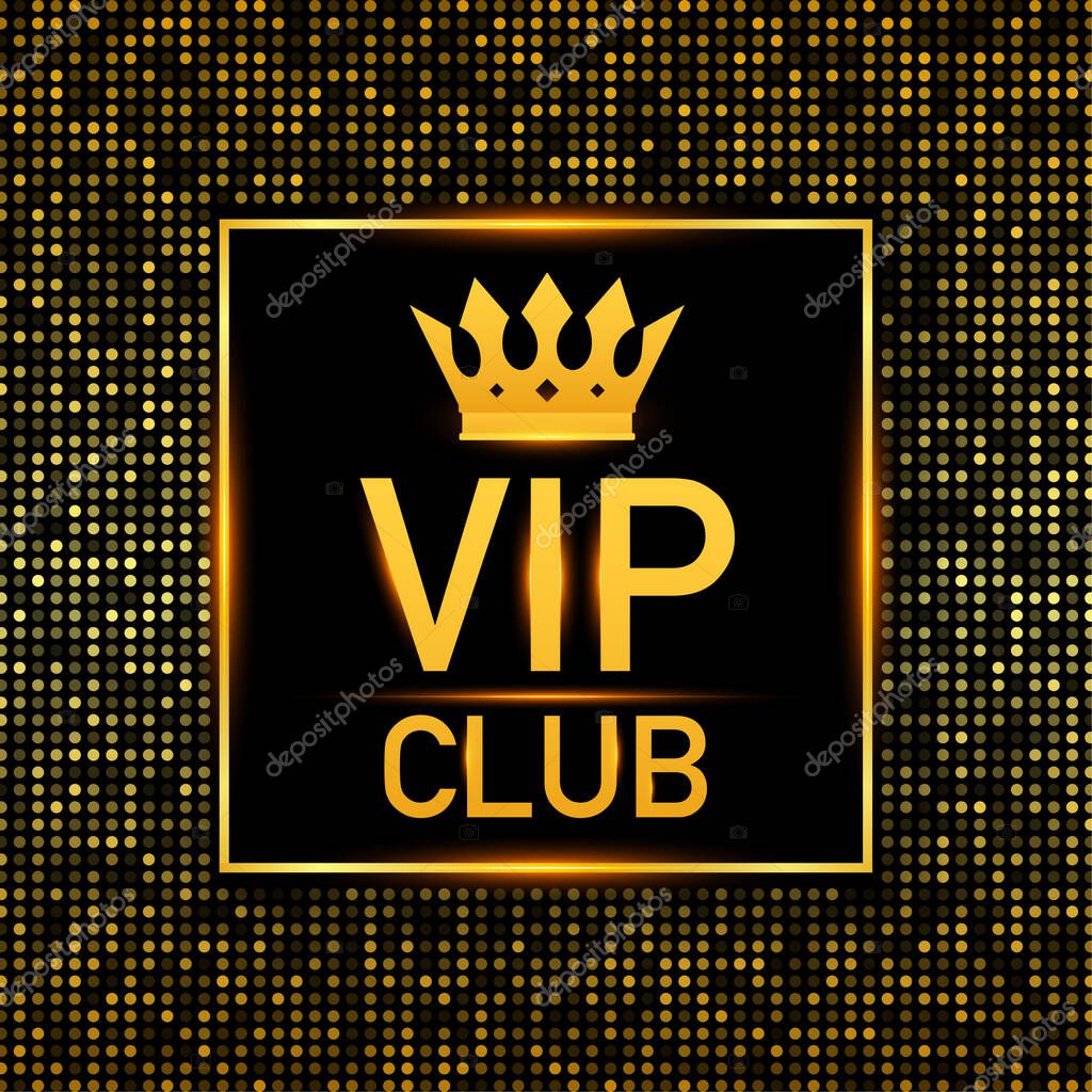 Golden symbol of exclusivity, the label VIP clube with glitter. Very important person - VIP icon on dark background Sign of exclusivity with bright, Golden glow. Vector stock illustration.