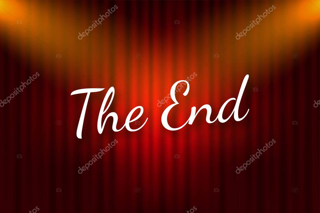 The End handwrite title on red round background. Old movie circle ending screen. Vector stock illustration