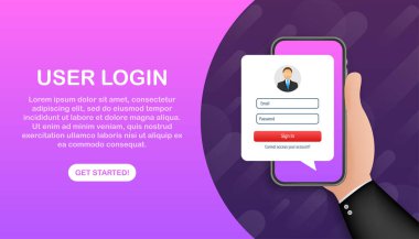 Hesap, kullanıcı yetkilendirmesi, giriş doğrulama sayfası konseptini imzalayın. Ekranda giriş ve parola formatlı akıllı telefon. Vektör stok illüstrasyonu.