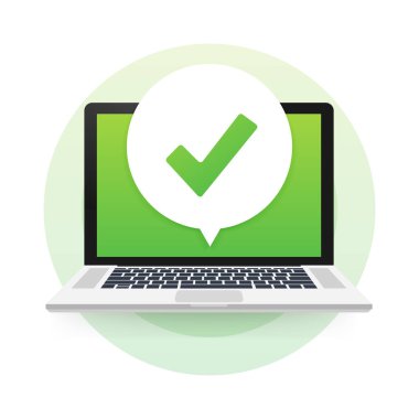 İşaretli dizüstü bilgisayar veya baloncukta tik bildirimi. Onaylanmış bir seçim. Kontrol işaretini kabul et ya da onayla. Vektör illüstrasyonu.