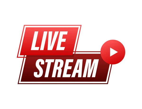 Live stream logo piatto - elemento di design vettoriale rosso con pulsante play. Illustrazione vettoriale — Vettoriale Stock