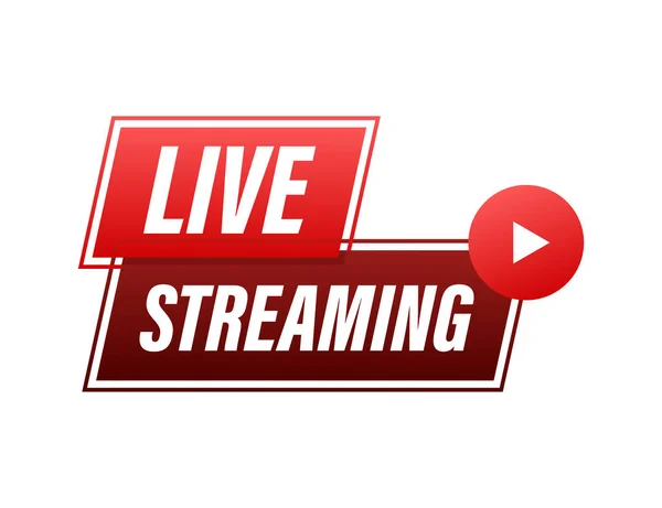 Live streaming logo piatto elemento di design vettoriale rosso con pulsante di riproduzione. Illustrazione vettoriale — Vettoriale Stock
