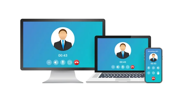 Incoming video call on laptop. Laptop with incoming call, man profile picture and accept decline buttons. Vector stock illustration. — Stock Vector