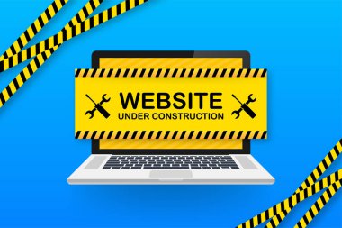 Dizüstü bilgisayarında inşaat tabelası olan bir site. Web sitesi için vektör illüstrasyonu.