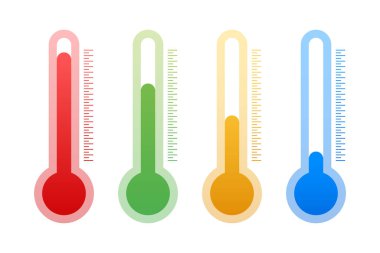 Modern termometre, yaz arkaplanı. Karikatür şeklinde termometre. Termostat. Vektör stok illüstrasyonu.