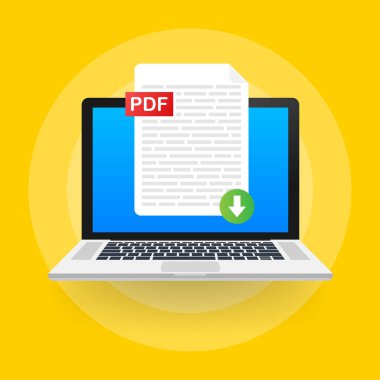 PDF düğmesini laptop ekranına indir. Belge konsepti indiriliyor. PDF etiketli ve aşağı ok işaretli dosya. Vektör illüstrasyonu.