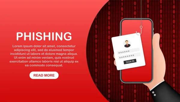 Phishing dati con amo da pesca, telefono cellulare, sicurezza internet. Illustrazione dello stock vettoriale. — Vettoriale Stock
