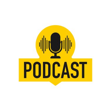 Podcast. Rozet, simge, pul, logo. Vektör illüstrasyonu.
