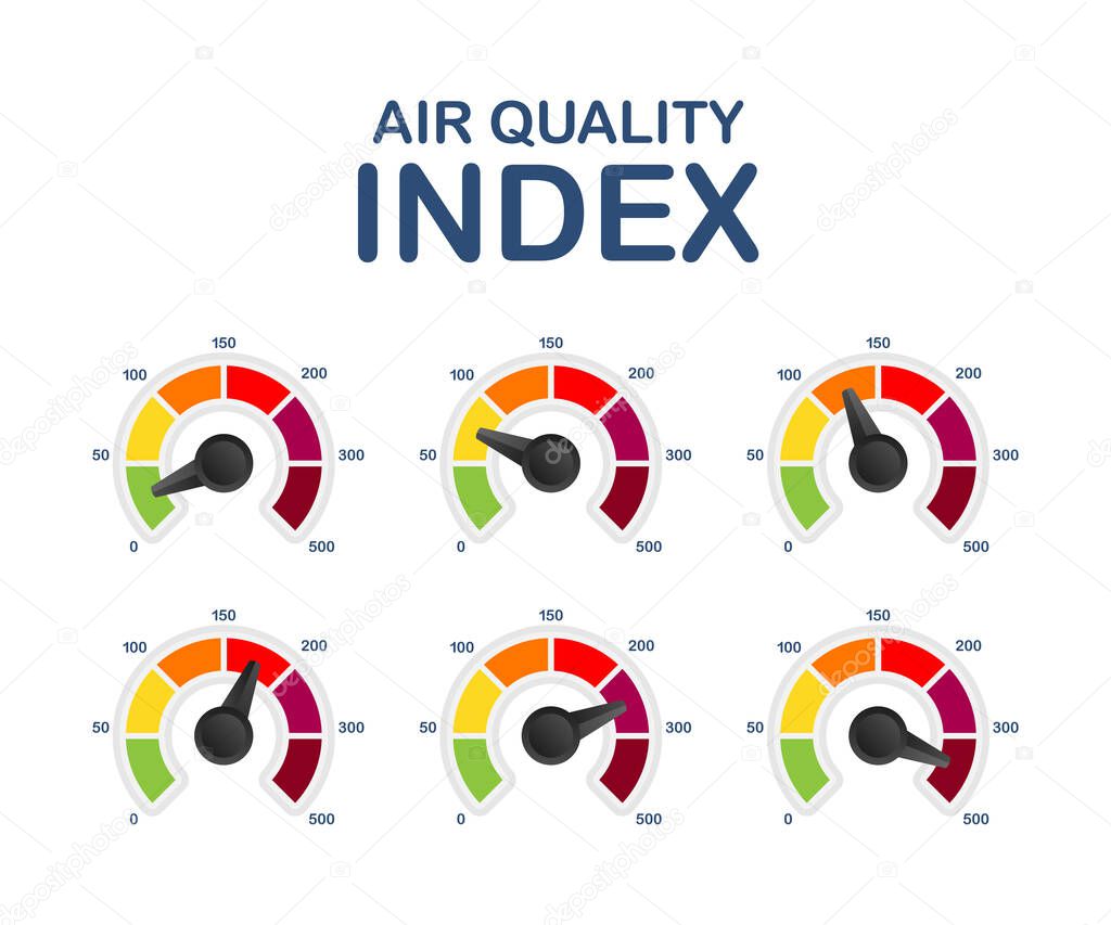 Air quality index. Educational scheme with excessive quantities of substances or gases in environment. Vector stock illustration.