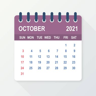Ekim 2021 Takvim Yaprağı. Takvim 2021 düz stilde. Vektör illüstrasyonu.