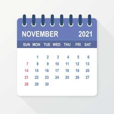 Kasım 2021 Takvim Yaprağı. Takvim 2021 düz stilde. Vektör illüstrasyonu.