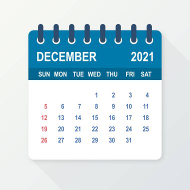 Aralık 2021 Takvim Yaprağı. Takvim 2021 düz stilde. Vektör illüstrasyonu.