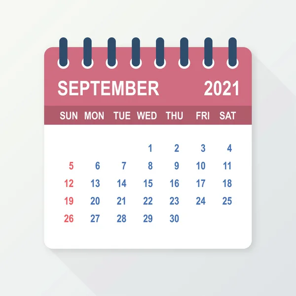 Wrzesień 2021 Liść kalendarza. Kalendarz 2021 w płaskim stylu. Ilustracja wektora. — Wektor stockowy
