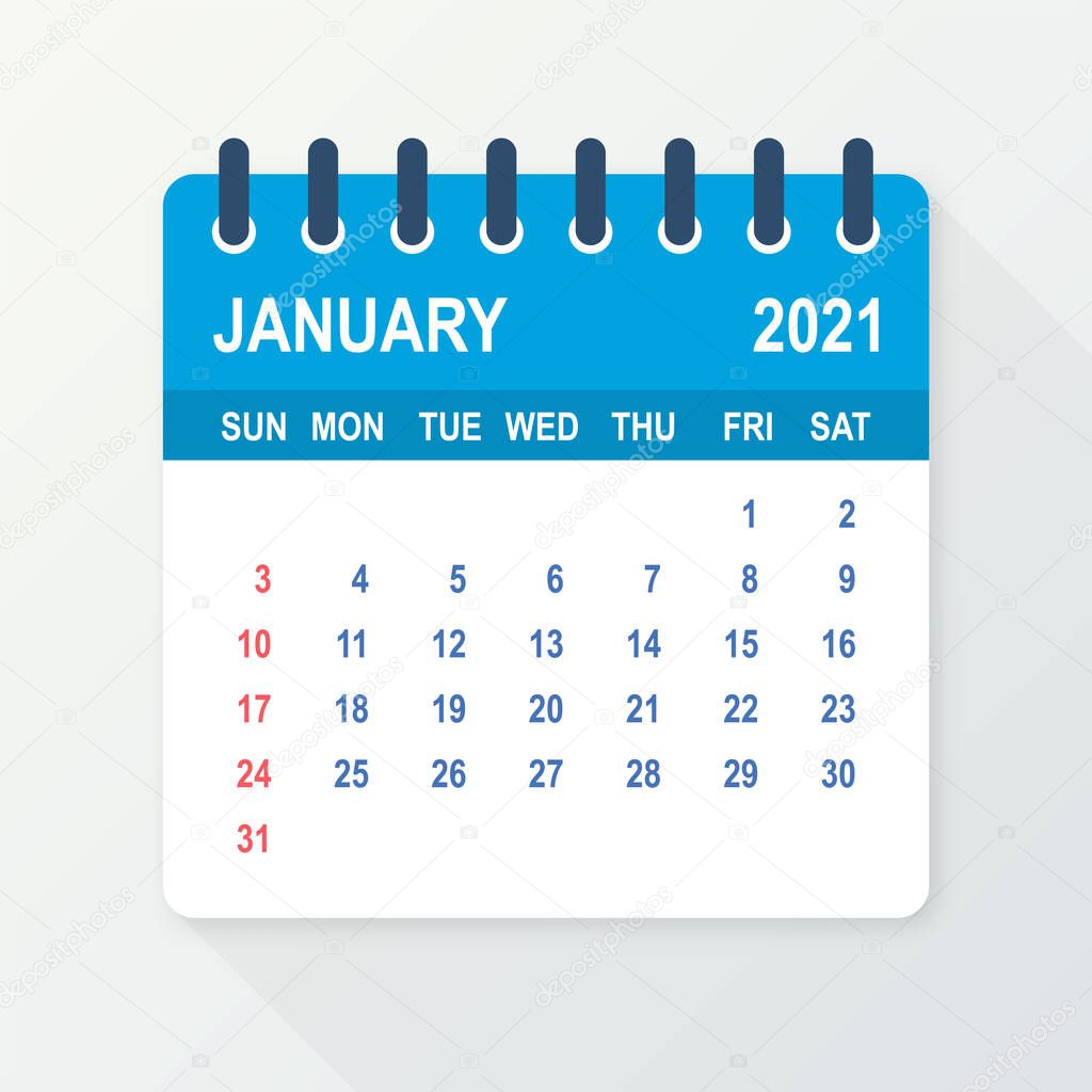January 2021 Calendar Leaf. Calendar 2021 in flat style. Vector illustration.