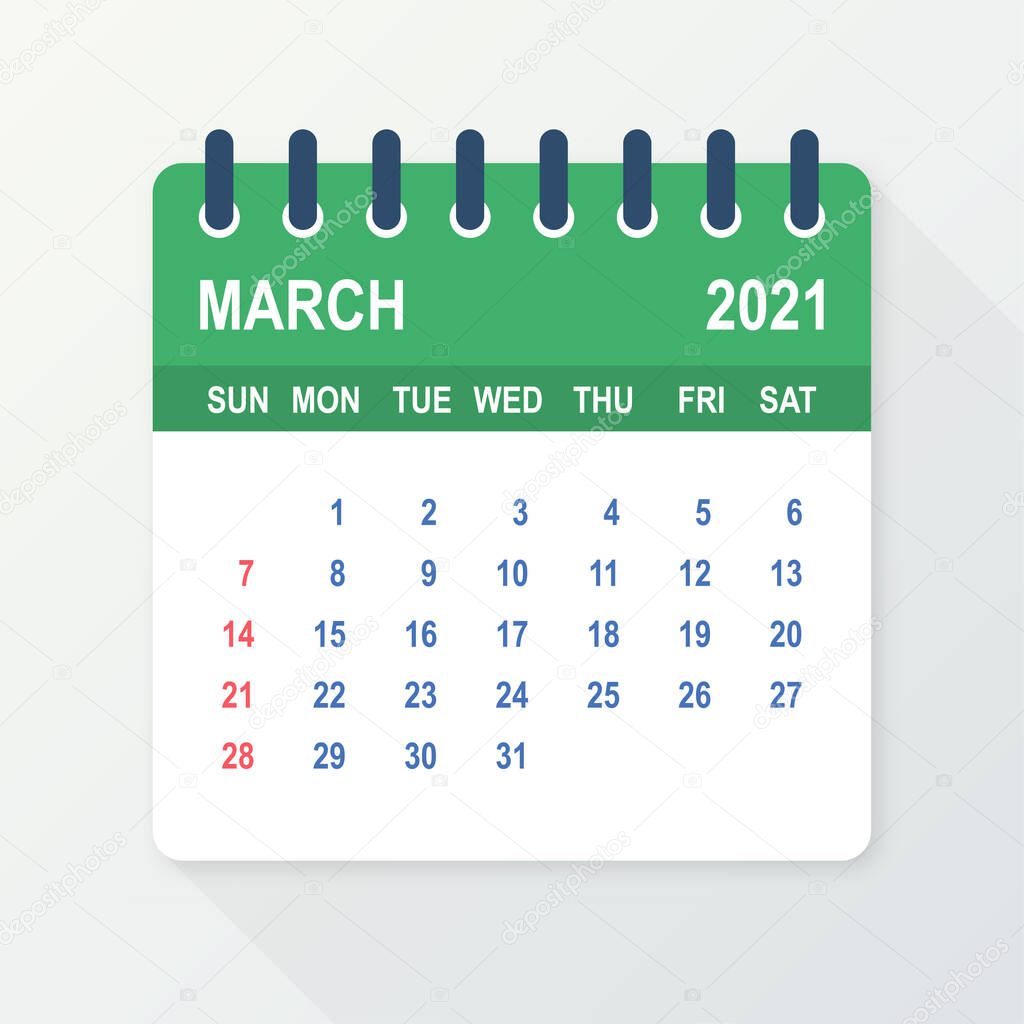 March 2021 Calendar Leaf. Calendar 2021 in flat style. Vector illustration.