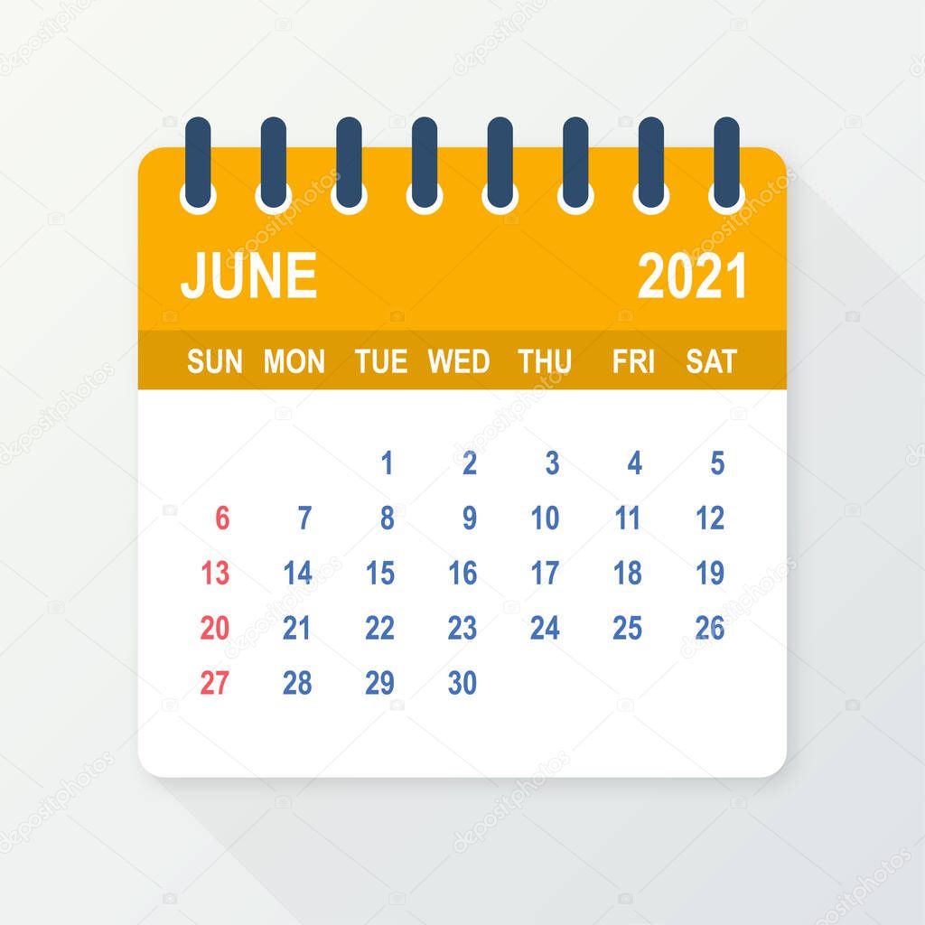 June 2021 Calendar Leaf. Calendar 2021 in flat style. Vector illustration.