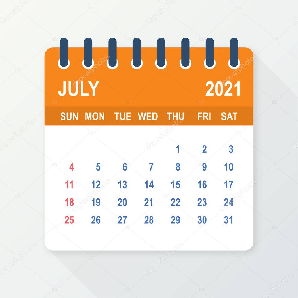July 2021 Calendar Leaf. Calendar 2021 in flat style. Vector illustration.