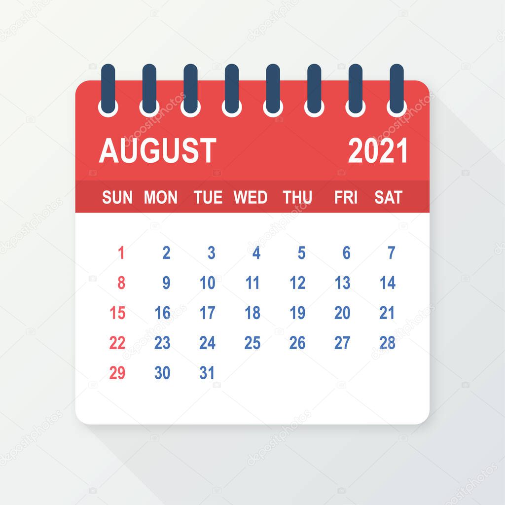 August 2021 Calendar Leaf. Calendar 2021 in flat style. Vector illustration.