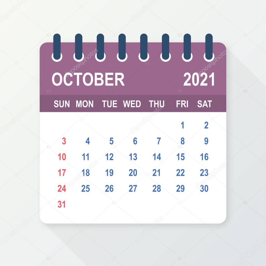 October 2021 Calendar Leaf. Calendar 2021 in flat style. Vector illustration.
