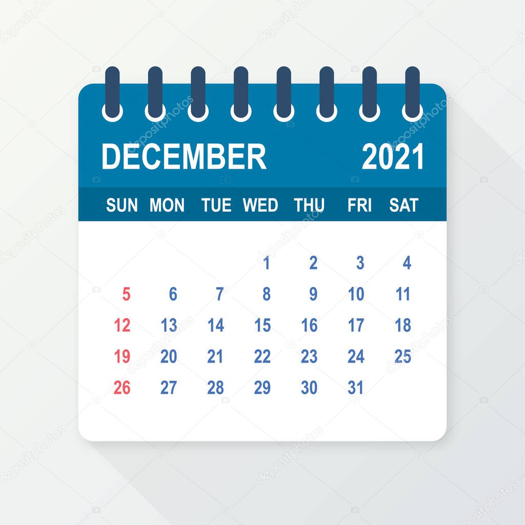 December 2021 Calendar Leaf. Calendar 2021 in flat style. Vector illustration.