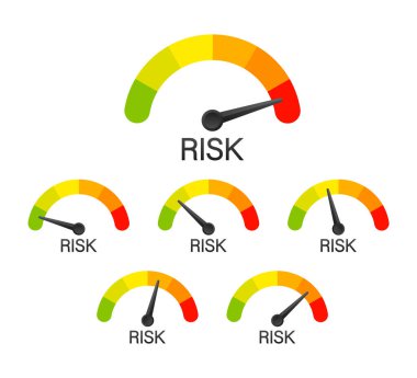 Hız göstergesinde risk simgesi. Yüksek risk ölçer. Vektör stok illüstrasyonu.
