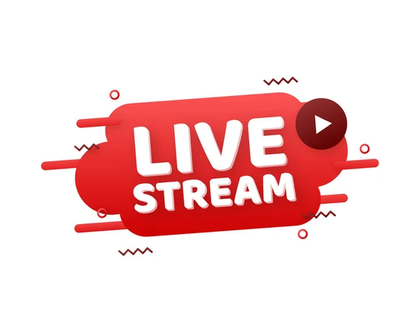 Live stream flat logo - κόκκινο διανυσματικό στοιχείο σχεδιασμού με κουμπί play. Εικονογράφηση διανύσματος — Διανυσματικό Αρχείο