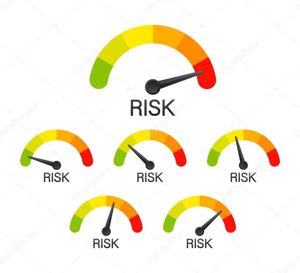 Risk icon on speedometer. High risk meter. Vector stock illustration.