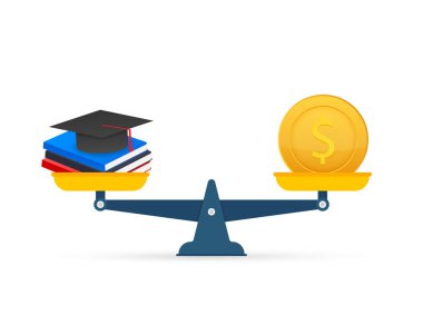 Madeni para kitapları ve terazilerle eğitime yatırım kavramı. Vektör stok illüstrasyonu.