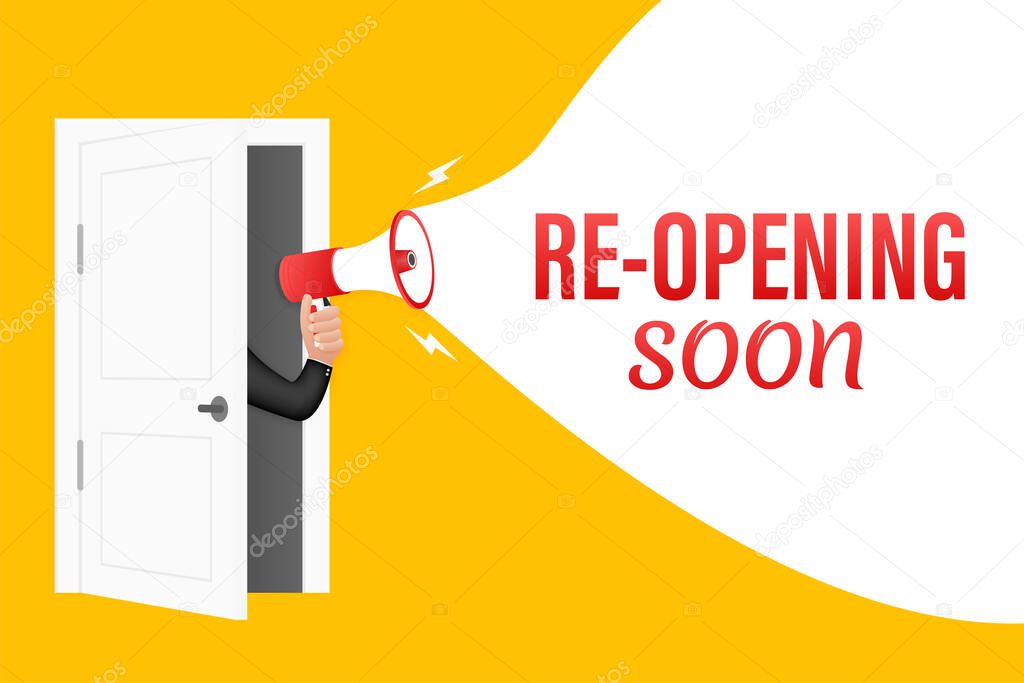 Hand Holding Megaphone with Re opening. Web design. Vector stock illustration