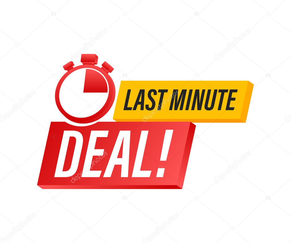 Red last minute deal button sign, alarm clock countdown logo. Vector illustration.