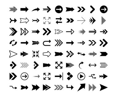 Oklar büyük siyah set simgeleri. Ok simgesi. Web tasarımı, mobil uygulamalar, arayüz ve daha fazlası için oklar. Vektör stok illüstrasyonu.