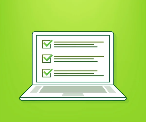 Online-Umfrage, Checkliste, Fragebogen-Symbol. Laptop, Computerbildschirm. Feedback Geschäftskonzept. Vektorillustration. — Stockvektor