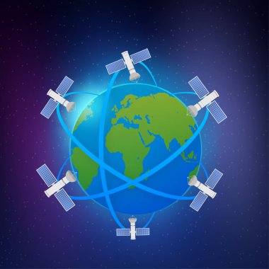 Dünya 'nın yörüngesindeki yapay uydular. Dünya 'nın yörüngesindeki yapay uydular, GPS. Vektör stok illüstrasyonu.