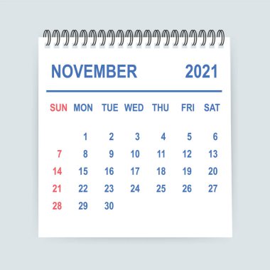 Kasım 2021 Takvim Yaprağı. Takvim 2021 düz stilde. Vektör illüstrasyonu.
