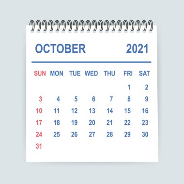 Ekim 2021 Takvim Yaprağı. Takvim 2021 düz stilde. Vektör illüstrasyonu.